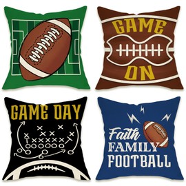 Fahrendom Football Game Day Decorative Throw Pillow Covers 18 x 18 Set of 4, Faith Family Football Sport Porch Patio Outdoor Pillowcase, Rugby Sofa Couch Cushion Case Home Decor