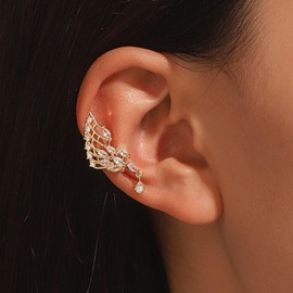 Inilbran Boho Crystal Wing Ear Cuff Earrings Vintage Wing Teardrop Cuff Cartilage Earrings Gold Angle Wing Ear Clip Earrings Wing No Piercing Clip Earrings Jewelry for Women and Girls