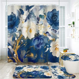 LQCOOL Blue Shower Curtain Set 4Pcs Flower Bathroom Sets with Rugs Waterproof Shower Curtain with 12 Hooks for Bathroom Decor