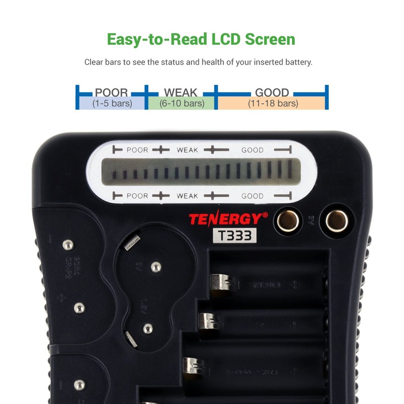 Tenergy T-333 Universal Battery Tester, LCD Display, Cell Checker, Multi-Purpose