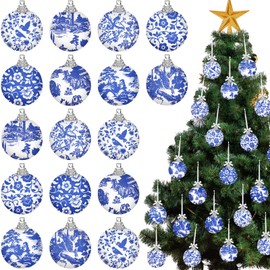 Simgoing 16 Pcs Blue and White Christmas Ball Ornament 2.36 Inch Chinoiserie Christmas Tree Decoration Plastic Rustic Blue and White Porcelain Xmas Hanging Ornament for Tree Home Fireplace Party Decor
