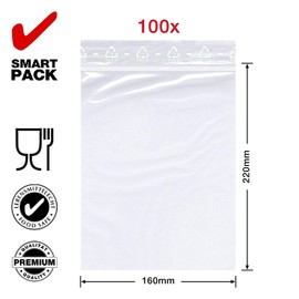 SmartPack 100 x DIN A5 Ziplock Bags 160 x 220 mm, 50 mµ Thick, A5 Bags, Resealable Bags, Large Zip Bags, Polybag with Ziplock Sealing Bag by SmartPack