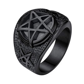 FaithHeart Cool Mens Ring Black Steel Pagan Pentagram Gothic Rings Witch Jewelry Retro Wiccan Ring for Teen Boys Size O
