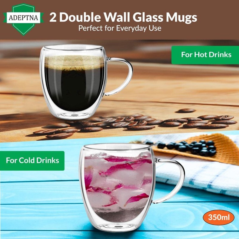 ADEPTNA Finest Large Pack of 2 Double Wall Glass Mugs