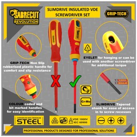 7 x SabreCut SCVDE07A Fully Insulated SlimDrive Electricians VDE Screwdrivers Set with Ergonomic Soft Grip Heavy Duty Handles Slotted SL3.0 SL3.5 SL4.0 SL5.5 Phillips PH2 Pozidriv PZ2 & Tester