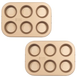 Russell Hobbs COMBO-8221 Pack of 2 Opulence Muffin Trays, Baking Tin for Yorkshire Puddings, Pies, Cupcakes, Easy Clean, PFOA Free, Long-Lasting, Oven Safe to 220 Degrees, Carbon Steel, 6 Cup, Gold