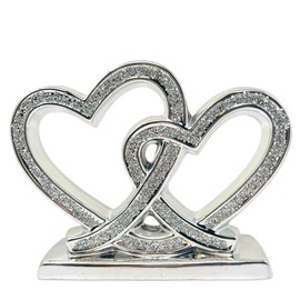 Amazing Gift Crushed Diamond Silver Double Heart Love Ornament - A Radiant Celebration of Eternal Affection Sterling Love-Ornament Blings Sparkly Ornament home Interiors decoration