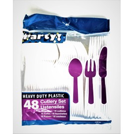 1 OM Gold & White Team Colors Disposable Silverware Collection - 96 Piece Plastic Cutlery Set - 32 Spoons, 32 Forks, 32 Knives - 2 Packs of 48 Pieces in One Safety-Sealed Pack