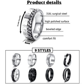JeryWe 9 Pcs Stainless Steel Rings for Men Women Fidget Rings for Anxiety Cool Spinner Rings Beveled Edges Celtic Black Band Spinner Rings Set Size 12