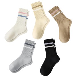 FIYIGO 5 Pairs Cotton Striped Crew Socks for Women, Casual Retro Soft Cozy Athletic Running Breathable Tube Socks - 5 Colors B