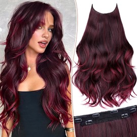KooKaStyle Invisible Wire Hair Extensions Long Wavy Layered Synthetic Hair Extensions with Transparent Wire Adjustable Size 6 Secure Clips Ombre Burgundy mix Black Hairpieces for Women 20 Inch