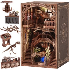 VkotaVkoty Book Nook Kit with Dust Cover & LED Light - DIY Miniature House Kit for Adults & Teens, 3D Wooden Puzzle Bookshelf Decor Building Kit, Booknooks Gifts for Family & Friends - Dinosaur Museum