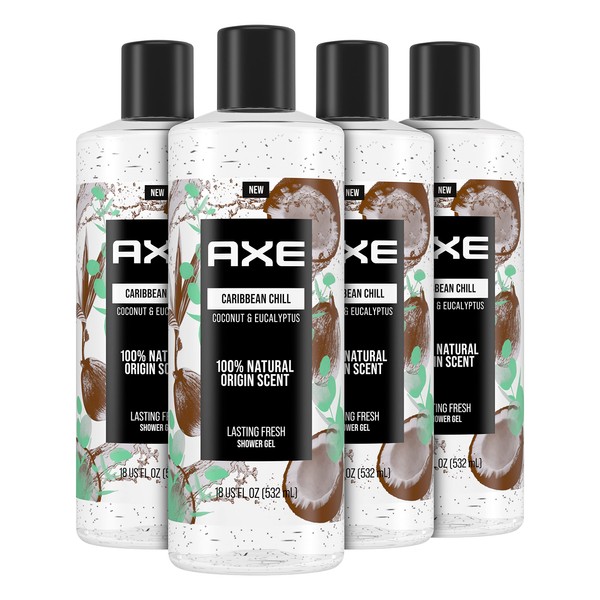 AXE Body Wash For Men Caribbean Coconut, Skin care With 100% Natural Origin scent And Plant Based Ingredients 18 oz, 4 Count