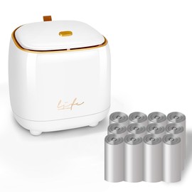 QINSIGN Mini Countertop Trash Can with 12 Rolls of Trash Bags, Desk Trash Can Tiny Trash Can with Press Type Lid, Desktop Trash Can Applicable for Bathroom Vanity Home Office (Trash can-kw-White)