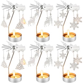 Zhehao 6 Pcs Christmas Spinning Candle Holder Reindeer Xmas Tree Snowflake Rotary Metal Candlesticks Silver Rotating Jar Candle Holder Ornament for Xmas Wedding Party Home Table Centerpiece Decor Gift