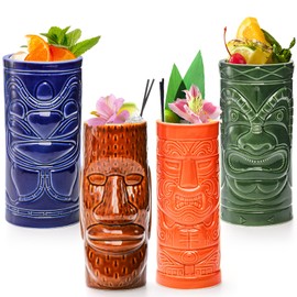 ZEAYEA Set of 4 Tiki Mugs, Large Ceramic Hawaiian Party Mugs for Cocktail, Tiki Bar Professional Hawaiian Party Barware, Dishwasher Safe