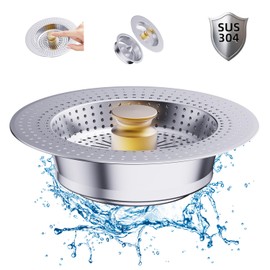 Kitchen Sink Drain Strainer and Stopper Combo, 3 in 1 Stainless Steel Pop-Up Sink Stopper & Drain Strainer for Standard Drains, Ideal Sink Protectors for Kitchen Sink Golden