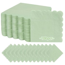 100PCS RAINFLOW Cocktail Napkins Paper- 2-Ply Sage Green Scalloped Napkins Disposable Decorative Bulk for Dinner Wedding Birthday Party Baby Shower Dessert Easter Lightweight Folded 5x5 Inches