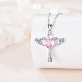 SHEAISRS Angel Birthstone Necklaces Heart Cross Necklace for Women 925 Sterling Silver Angel Wing Birthstone Cross Charm Pendant Necklace Jewelry for Women