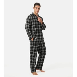LAPASA Men's Pajama Set 100% Cotton Flannel Top Long Sleeve & Bottom Pants Plaid Sleepwear PJ Sleepwear Lounge Comfy Button-Down M95 Medium (Flannel Set) Black&white Plaid