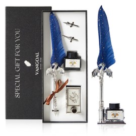 VANGOAL Dragon Quill Pen and Ink Set, Vintage Dragon Feather Pen with Novelty Pen Base, Retro Carving Dip Pen Calligraphy Pen Gift Set for Writing, Drawing(Dark Blue)