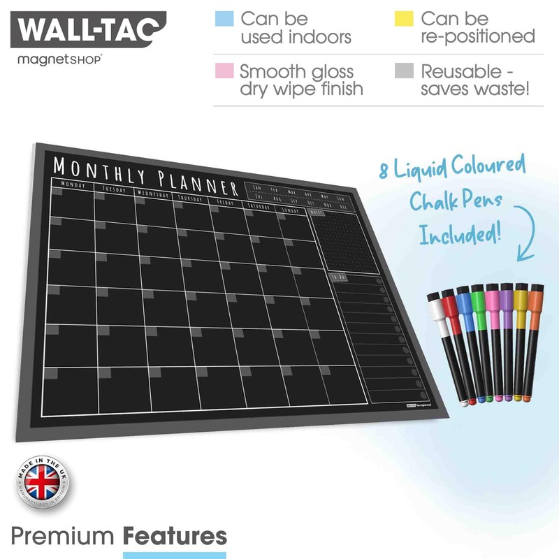 WallTAC A3 Monthly Wall Planner Sticker with Blackboard Pens |