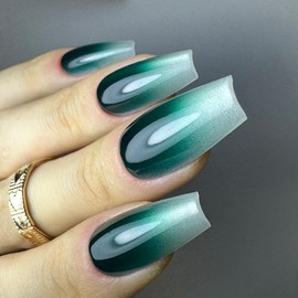 Redykat Handmade 24PCS Glossy Coffin Press On Nails, Extra Long Emerald Green Fake Nails, Gel Green Ombre Cat Eye False Nails, Salon Quality Nail art, Home Quick Manicure……… (Jade)