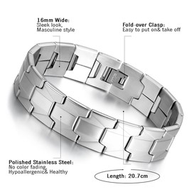 Cupimatch Fashionable Unisex Stainless Steel Link Chain Bracelet in Silver, 16 mm Wide, 20.7 cm Long, Highly Polished, Type 1