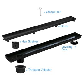 Elefloom Offset Linear Shower Drain, Matte Black Shower Drain 24 inch with Removable Grate Cover, Brushed 304 Stainless Steel Side Outlet Black Shower Floor Drain with Hair Catcher and Leveling Feet