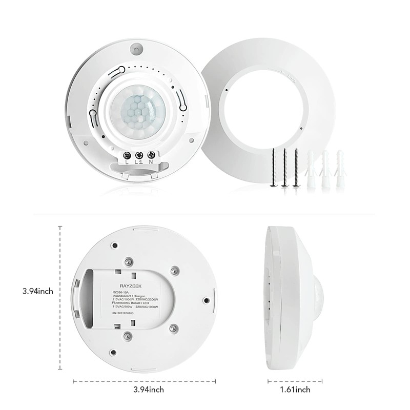 RAYZEEK Ceiling Mount 360 degree PIR Occupancy Motion Sensor,2200W,110-265V,8-12M High