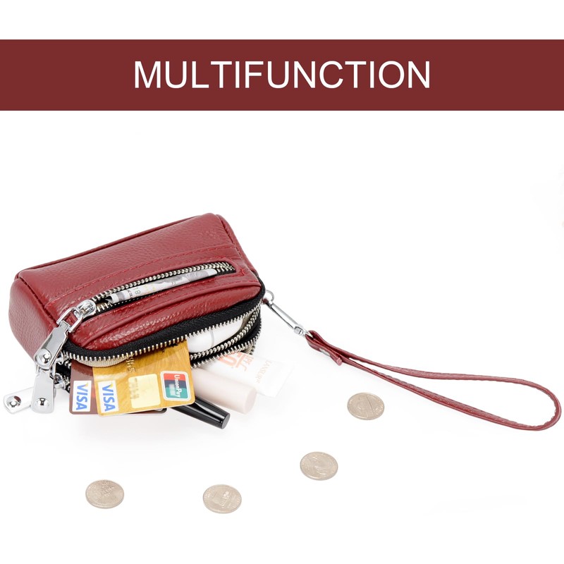 ALLITIC Women Coin Purse Genuine Leather Small Triple Zipper Coin