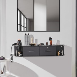 VEVOR Wall Mount Styling Station, Hair Barber Table with 5 Hair Dryer Holders, 2 Drawers(One Lockable), Beauty Salon Equipment for SPA, Barber Shop, Home & Bathroom, Black