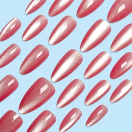 Cat Eyes Press on Nails Almond Medium Pink Red Fake Nails with Glitter Design Cute Acrylic Nails Press ons Cute Glossy Full Cover Glue Stick on Nails for Women 24 Pcs