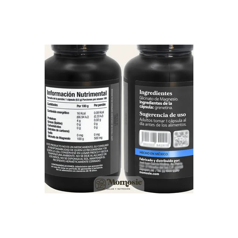 Glicinato Magnesio Momosie 180 Cápsulas 500 Alta Absorción Biodisponibilidad Bienestar