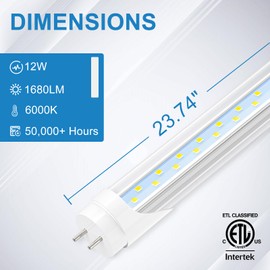 JESLED 2FT T8 LED Tube Light, 12W(30W Equivalent), 1680LM, 6000K, Ballast Bypass, 24 Inch F17T8 Fluorescent Bulb Replacement, Dual Ended, 24” Lighting Tube Fixture (12-Pack)
