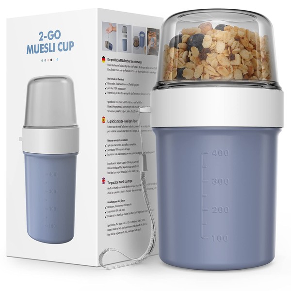 Jim's Store Breakfast Cereal Cup 2 in 1 To-go Yogurt Pot Leakproof Overnight Oats Jar Breakfast Storage Container BPA Free for School Office Travel Picnic - 560ml+310ml (Blue)