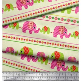 Soimoi Yellow Cotton Cambric Fabric Geometric Shapes,Stripe & Elephant Kids Decor Fabric Printed BTY 42 Inch Wide