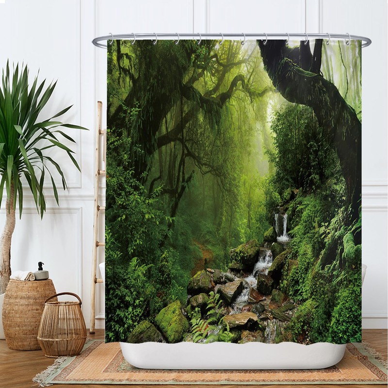 Ulticool Shower Curtain - Rainforest Nature Eco Plants Waterfall -