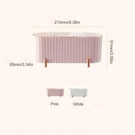 AIMALL Elegant Cosmetic Storage Box with Lid, 3-Compartment Dressing Table Organizer, 8.38x3.58 Inches, Rose Gold Accents, Ideal for Beauty Blenders, Brushes, and Accessories