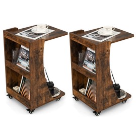 Tangkula C-Shaped End Table, Small Sofa/Couch Side Table Snack Table with 3-Tier Back Compartment, Wheels with Brakes, Modern Rolling Nightstand for Living Room, Bedroom, Small Space (2, Rustic Brown)
