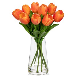 Arborus Fake Tulips Artificial Tulip Flowers in Glass Vase with Faux Water, 14.2" Real Touch Orange Tulip Flowers Décor for Table Centerpiece Home Farmhouse Resto Wedding Decoration