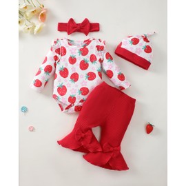 SODLON Newborn Baby Girl Clothes Infant Winter Fall Spring Outfits Cute Gifts Stuff Long Sleeve Clothing Strawberry Romper Ribbed Bell Bottoms Flared Pants Outfit Sets Red 3-6 Months