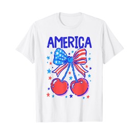 American Coquette Bow Cherry Shirt Cute 4 July USA Patriotic T-Shirt