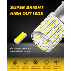 PHINLION 1157 LED White Light Bulbs, 2000 Lumens Super Bright 3014 72-SMD 2357 7528 BAY15D 2057 LED Bulb for Back Up Reverse DRL Brake Stop Tail Lights, 6000K White, Pack of 2