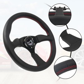 14inch Black Genuine Leather Steering Wheel, Universal Sports Car Racing for Race/Rally/Motorsport/Car Sim Driving