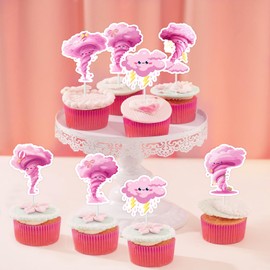 Sursurprise Tornado Themed Party Decorations for Girls, 36PCS Pink Tornado Cupcake Toppers, Weather Themed Cupcake Picks, Two Nado 2nd Four Nado 4th Birthday Decor Party Supplies