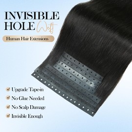 Micro Ring PU Hair Extensions Remy Human Hair Extension Natural Black Glueless Skin Weft Human Hair Extensions PU Invisible Tape in Hair Extension for Women (70g 8Pcs,16 Inch)