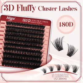 Fluffy-Cluster-Lashes 180D Individual-Eyelashes, Higu clace 12-20mm Thick Lash-Clusters D Curl Long Lash, Reusable Russian Individual-Lashes Clusters DIY Lash Extensions at Home (180D 12-20)