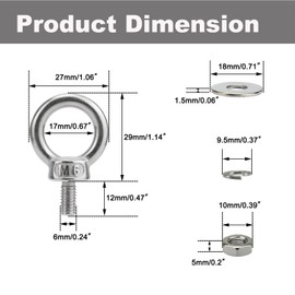 QWETRY M6 Stainless Steel Eye Bolts with Nuts Washer 4 Pack, M6 x 12mm(1/4" x 0.47 inch) Shoulder Lifting Eye Bolt for Swing Truck, Heavy Duty Threaded Eyebolts for Tie Down Outdoor Yard Balcony