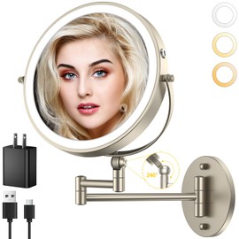 9" Wall Mounted Lighted Makeup Mirror,4000mAh Rechargeable Double Sided 1X/10X Magnifying Mirror with Light,Touch Dimmable,Extended Arm 360 Rotation Wall Mounted Makeup Mirror 3 Color Lights Nickel